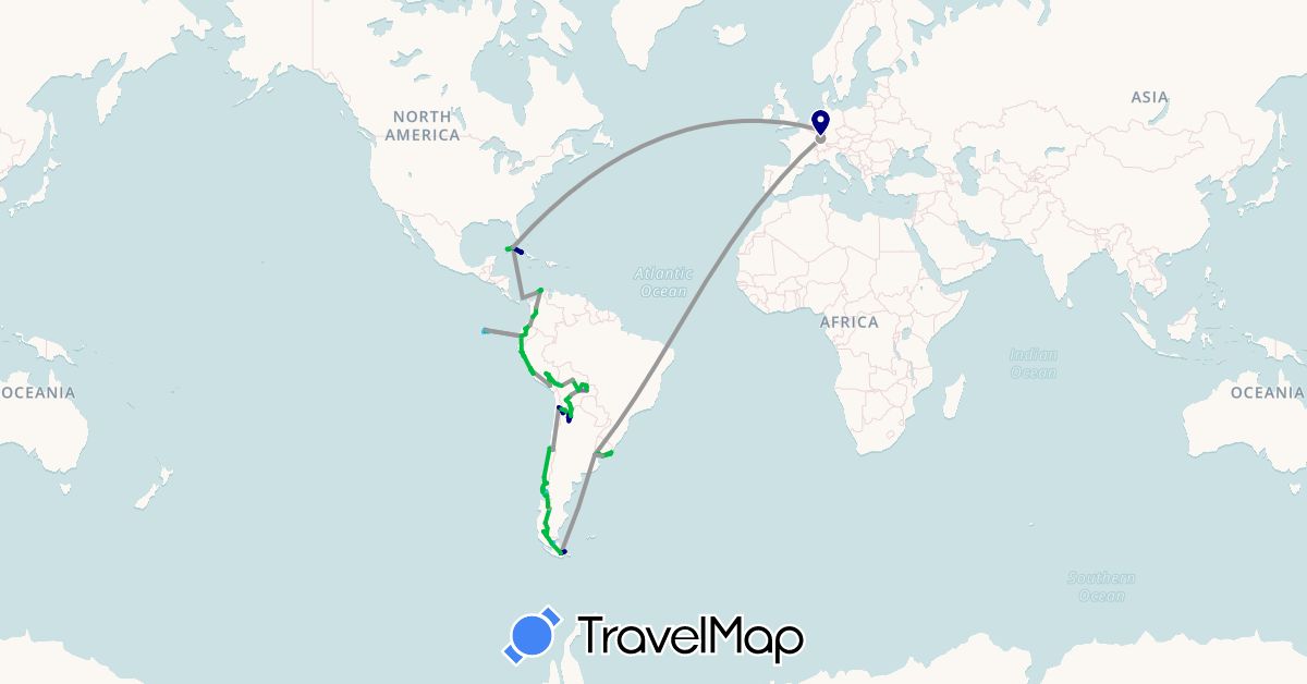 TravelMap itinerary: driving, bus, plane, train, hiking, boat, hitchhiking in Argentina, Bolivia, Chile, Colombia, Cuba, Germany, Ecuador, Spain, France, Panama, Peru, Uruguay (Europe, North America, South America)